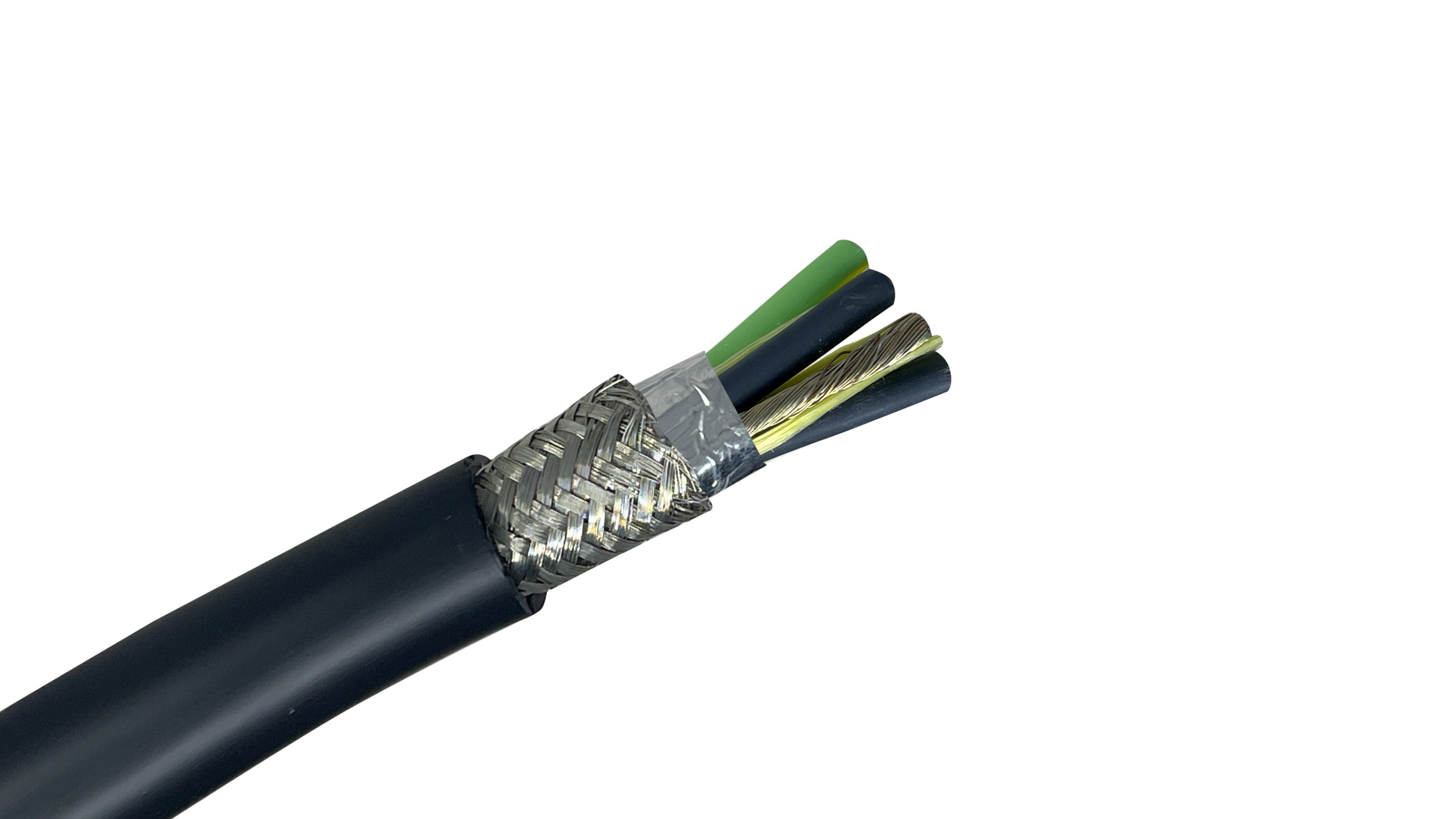 3 Conductor Shielded VFD Cable with foil and braid shielding for reducing electrical noise (EMI/RFI) in variable frequency motor drive systems.