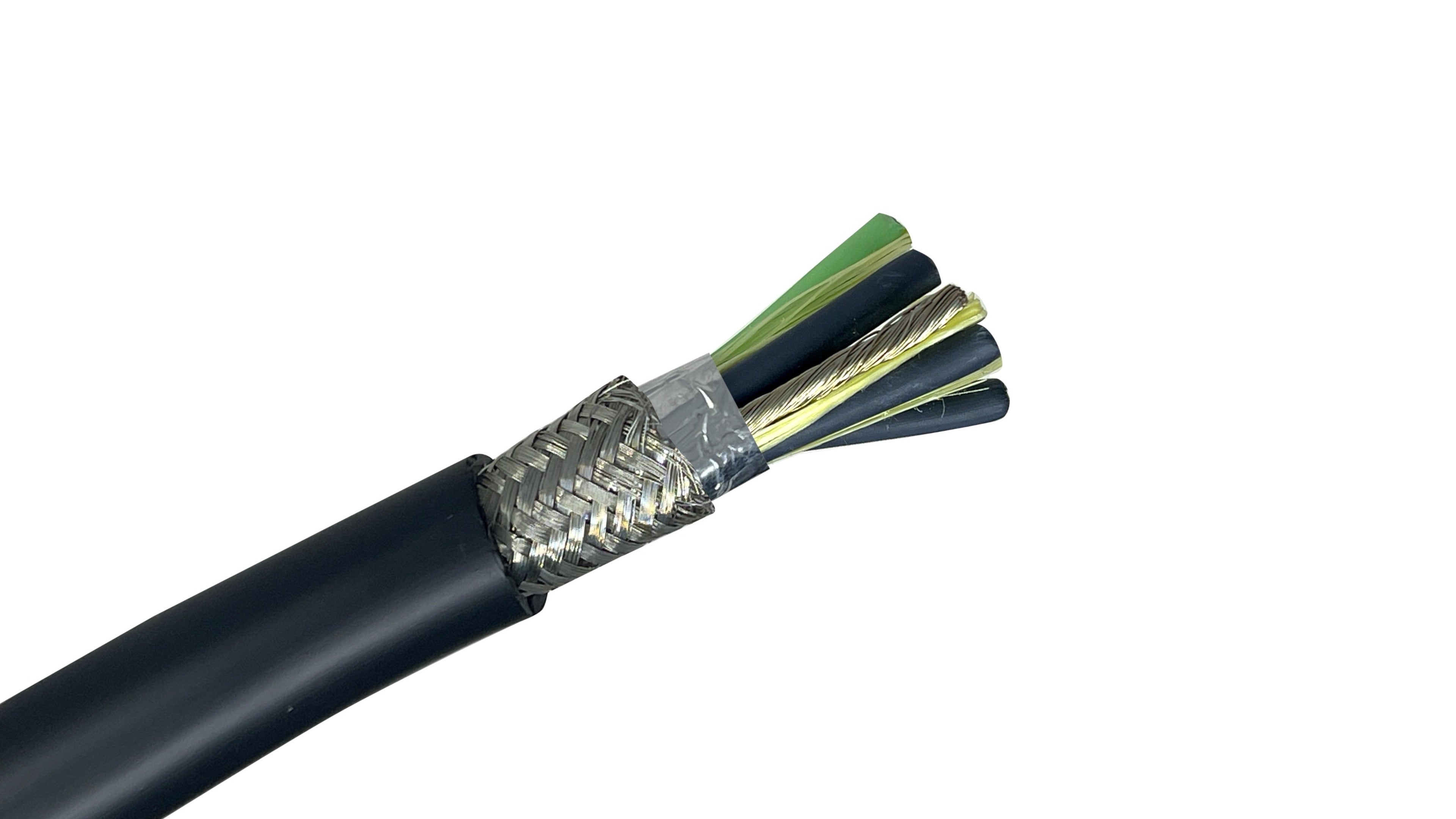 4 Conductor Shielded VFD Cable with foil and braid shielding for reducing electrical noise (EMI/RFI) in variable frequency motor drive systems.